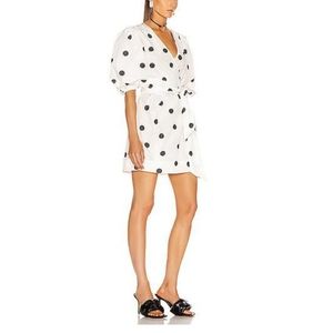 Ganni Puff-Sleeved Polka-Dot Mini Wrap Dress US 2 Black White Size 34 Grad
